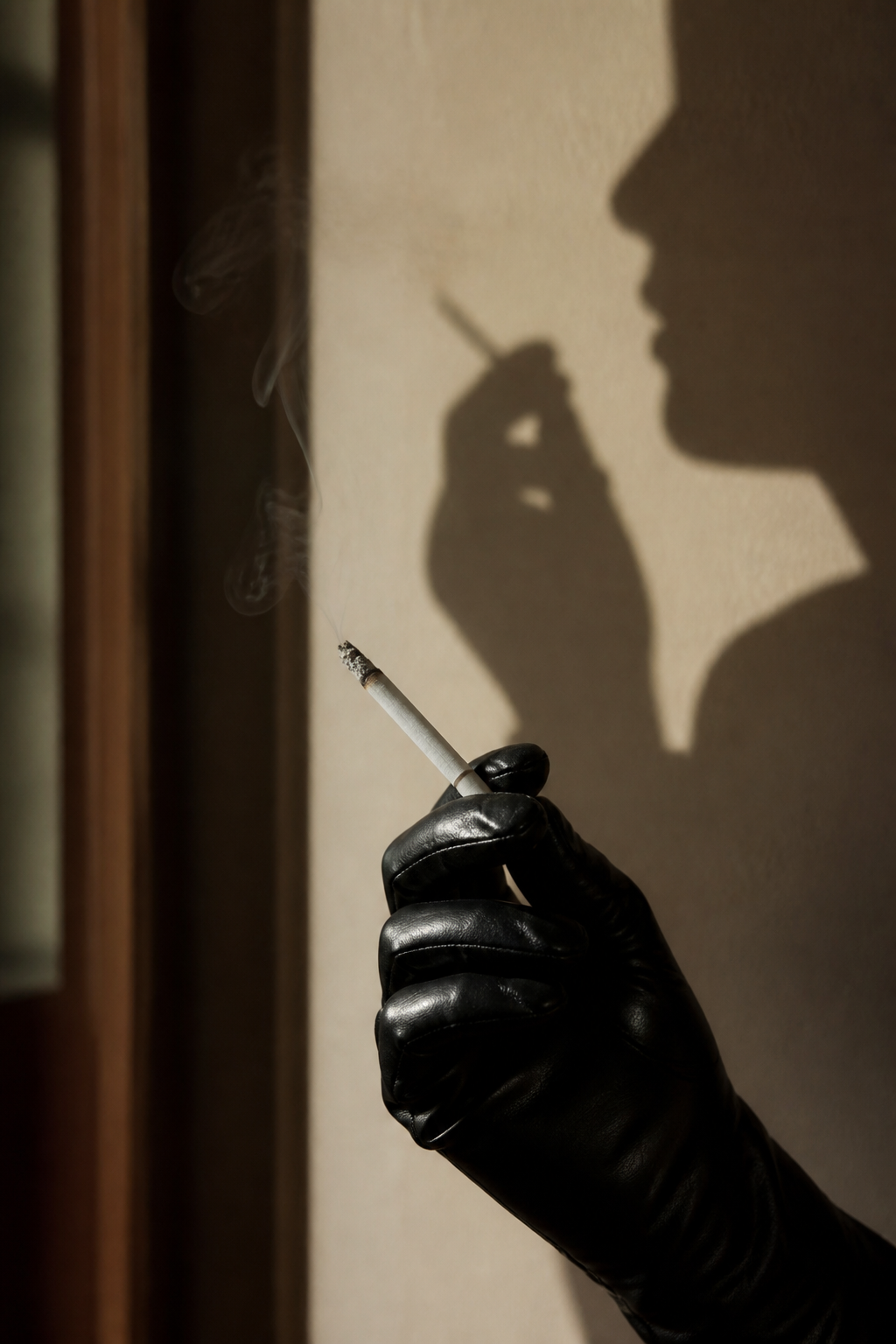 Gloved hand holding a lit cigarette with dramatic shadow cast on a wall behind