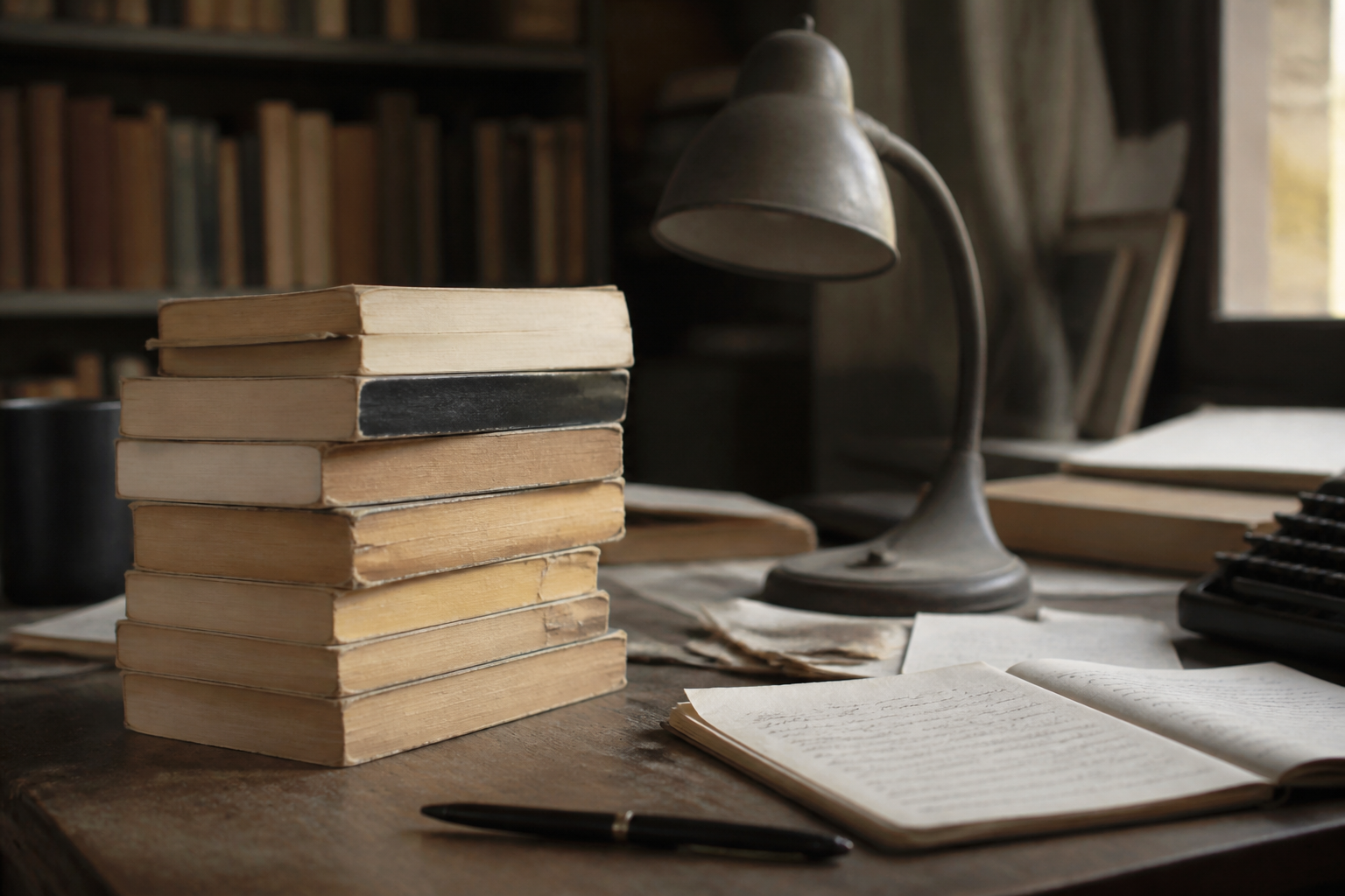 Stack of worn paperback crime novels beside a desk lamp on a cluttered writing desk