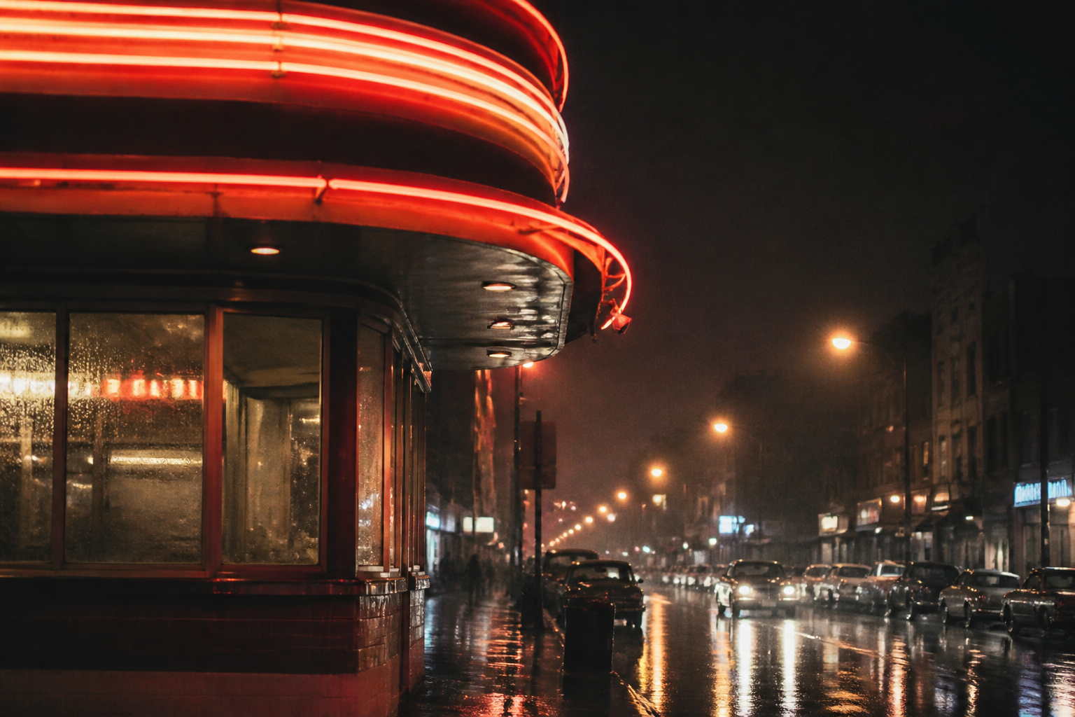 Neon diner sign glowing above a rain slicked city street at night